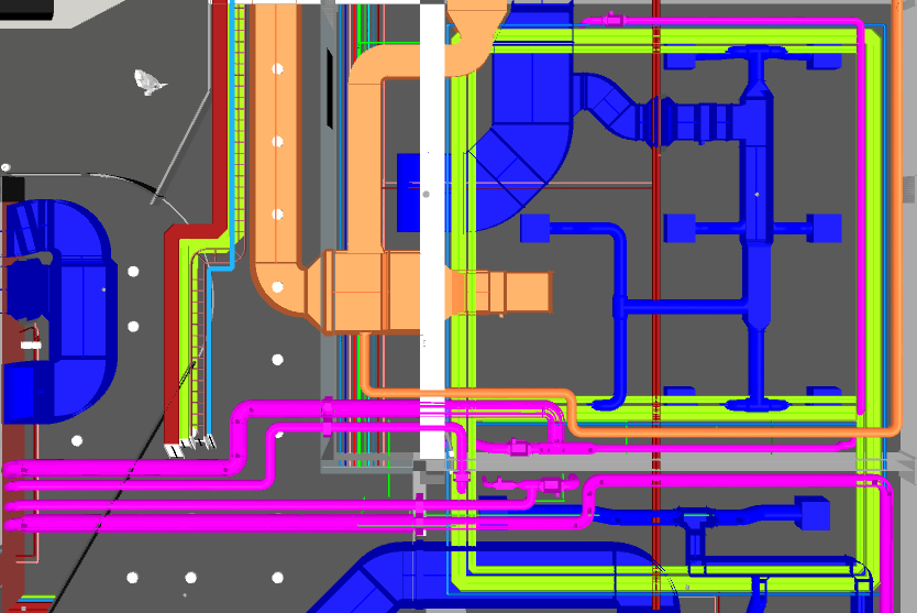 Mechanical plantroom before BIM clash detection — congested AHU pipework and ductwork with spatial conflicts
